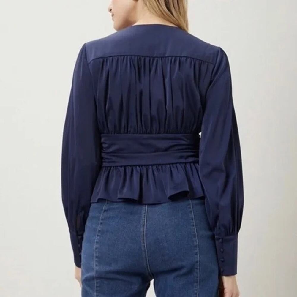 Jason Wu Satin Babydoll Peplum Blouse Small Navy Plunge Holiday Coquette Peasant - Picture 14 of 15
